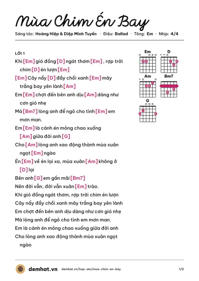 Hợp âm Mùa Chim Én Bay (Đàm Vĩnh Hưng) – bản nhạc PDF trang 1, tông Em