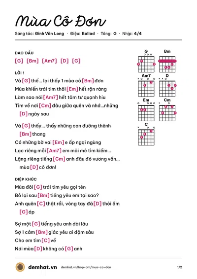 Hợp âm Mùa Cô Đơn (Hoàng Yến Chibi) – bản nhạc PDF trang 1, tông G