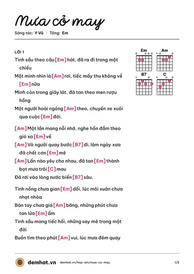Hợp âm Mưa cỏ may (Thảo Ly (trước 75)) – bản nhạc PDF trang 1, tông Em