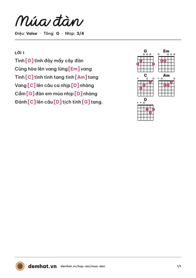 Hợp âm Múa đàn (Bé Quỳnh Anh) – bản nhạc PDF trang 1, tông G