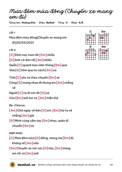 Hợp âm Mưa đêm mùa đông (Chuyến xe mang em đi) (Hoàng Kha) – bản nhạc PDF trang 1, tông C
