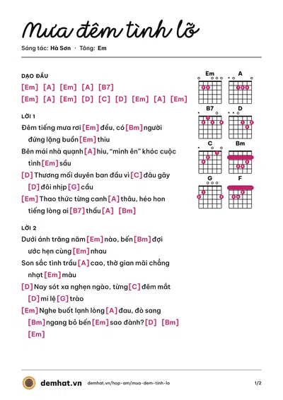 Hợp âm Mưa đêm tình lỡ (Hà Vân) – bản nhạc PDF trang 1, tông Em
