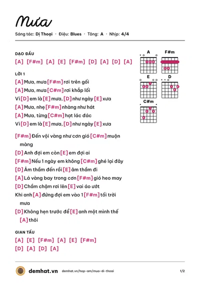 Hợp âm Mưa (Dị Thoại) – bản nhạc PDF trang 1, tông A