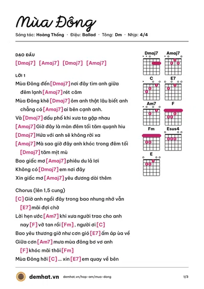 Hợp âm Mùa Đông (ERIK ST319) – bản nhạc PDF trang 1, tông Dm