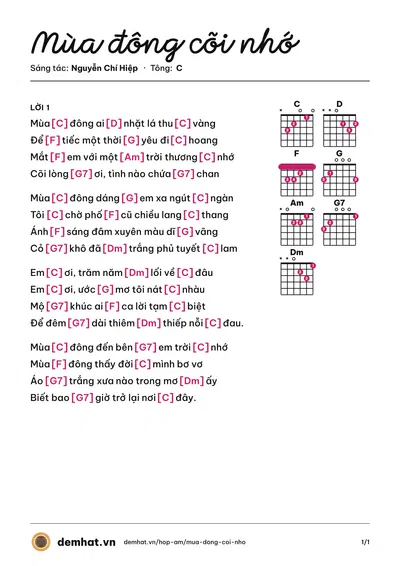 Hợp âm Mùa đông cõi nhớ (Phương Thùy) – bản nhạc PDF trang 1, tông C