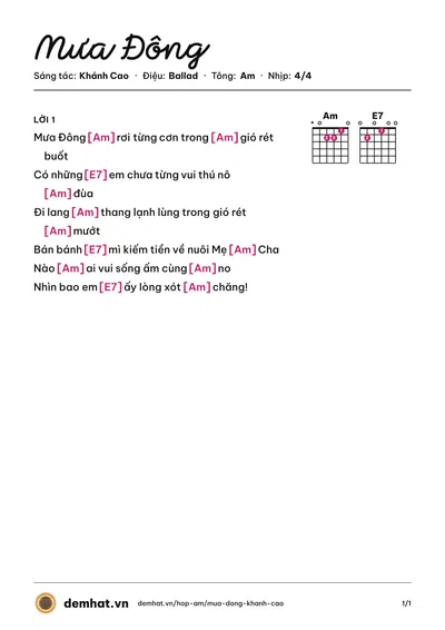 Hợp âm Mưa Đông (Xuân Thơ) – bản nhạc PDF trang 1, tông Am