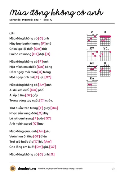 Hợp âm Mùa đông không có anh (Diệu Hiền) – bản nhạc PDF trang 1, tông C