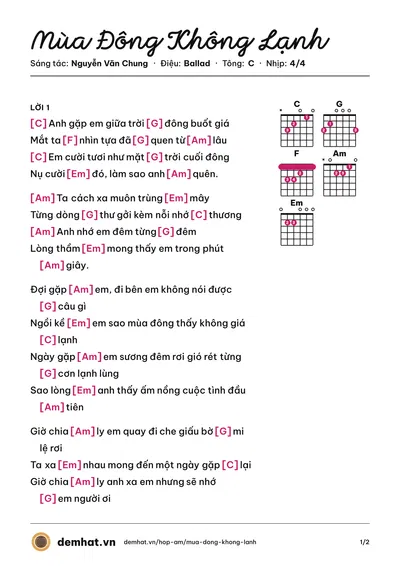 Hợp âm Mùa Đông Không Lạnh (Akira Phan) – bản nhạc PDF trang 1, tông C