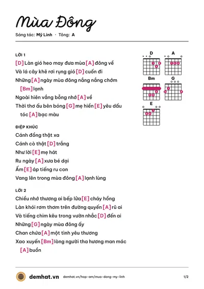 Hợp âm Mùa Đông (Mỹ Linh) – bản nhạc PDF trang 1, tông A