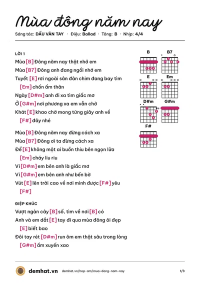 Hợp âm Mùa đông năm nay (DẤU VÂN TAY) – bản nhạc PDF trang 1, tông B
