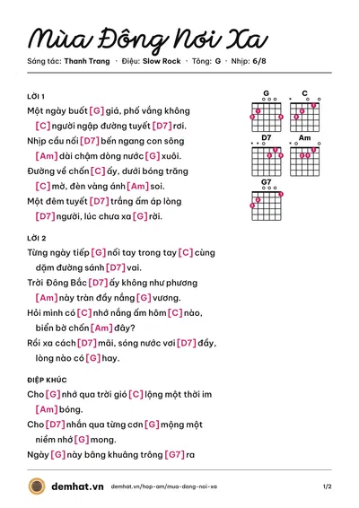 Hợp âm Mùa Đông Nơi Xa (Thiên Nga) – bản nhạc PDF trang 1, tông G