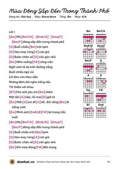 Hợp âm Mùa Đông Sắp Đến Trong Thành Phố (Ngọc Lan) – bản nhạc PDF trang 1, tông Bm
