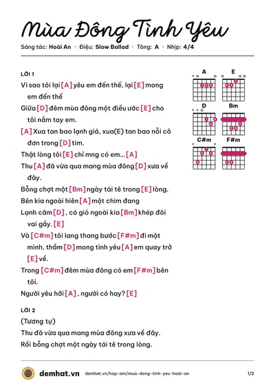 Hợp âm Mùa Đông Tình Yêu (Ưng Hoàng Phúc) – bản nhạc PDF trang 1, tông A