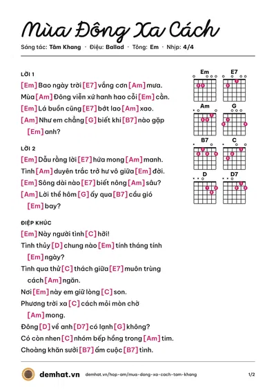Hợp âm Mùa Đông Xa Cách (Trần Oanh) – bản nhạc PDF trang 1, tông Em
