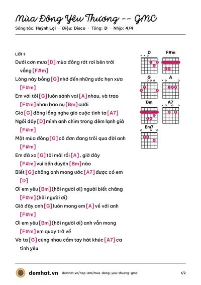 Hợp âm Mùa Đông Yêu Thương -- GMC (GMC) – bản nhạc PDF trang 1, tông D