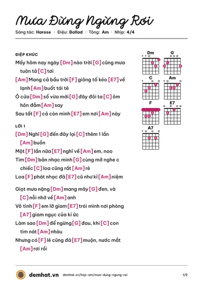 Hợp âm Mưa Đừng Ngừng Rơi (Yến Nhi (Mắt Ngọc)) – bản nhạc PDF trang 1, tông Am