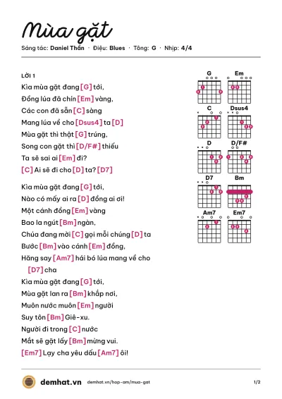 Hợp âm Mùa gặt (Isaac Thái) – bản nhạc PDF trang 1, tông G