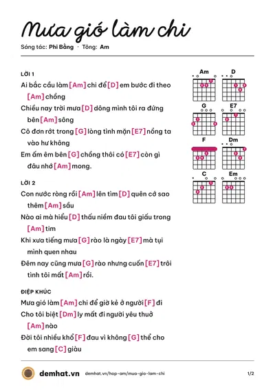 Hợp âm Mưa gió làm chi (Phi Bằng) – bản nhạc PDF trang 1, tông Am