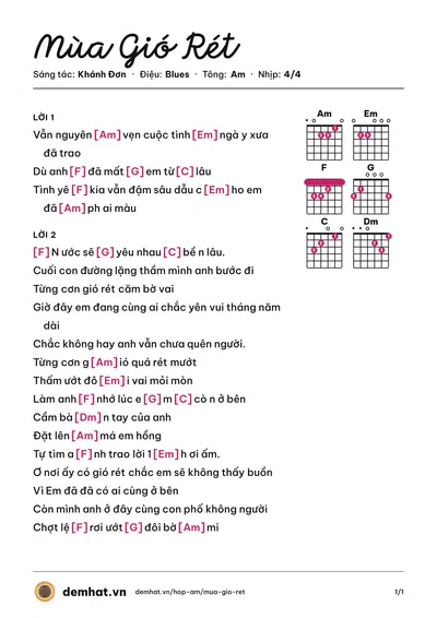 Hợp âm Mùa Gió Rét (Akira Phan) – bản nhạc PDF trang 1, tông Am