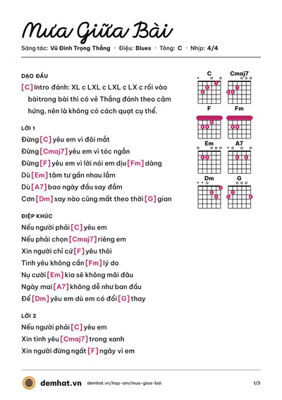 Hợp âm Mưa Giữa Bài (Nân) – bản nhạc PDF trang 1, tông C