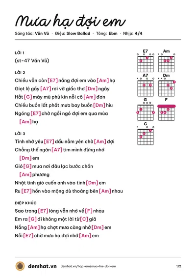 Hợp âm Mưa hạ đợi em (Văn Vũ) – bản nhạc PDF trang 1, tông Ebm