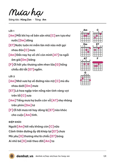 Hợp âm Mưa hạ (Hùng Zen) – bản nhạc PDF trang 1, tông Am