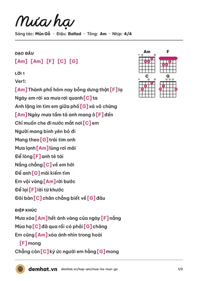 Hợp âm Mưa hạ (Mủn Gỗ) – bản nhạc PDF trang 1, tông Am
