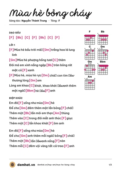 Hợp âm Mùa hè bỏng cháy (Tô Ngọc Hà) – bản nhạc PDF trang 1, tông F