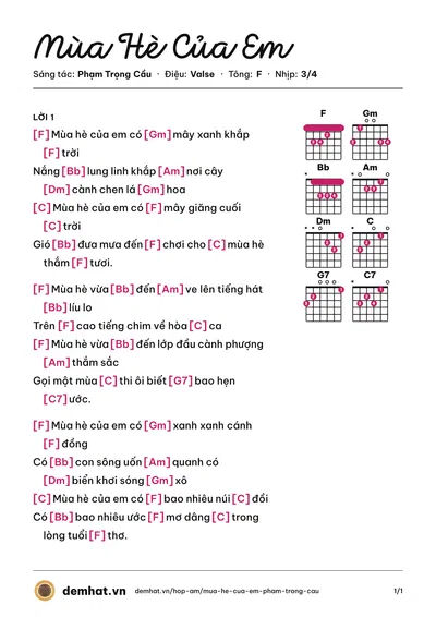 Hợp âm Mùa Hè Của Em (Tố Hà) – bản nhạc PDF trang 1, tông F