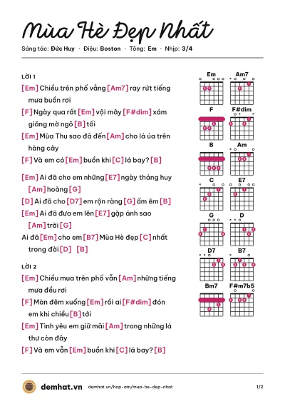 Hợp âm Mùa Hè Đẹp Nhất (Khánh Hà) – bản nhạc PDF trang 1, tông Em