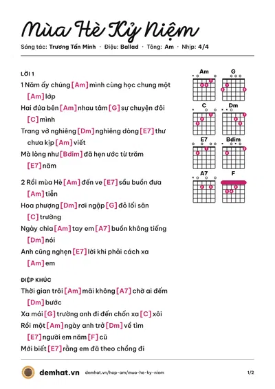 Hợp âm Mùa Hè Kỷ Niệm (Trương Tấn Minh) – bản nhạc PDF trang 1, tông Am