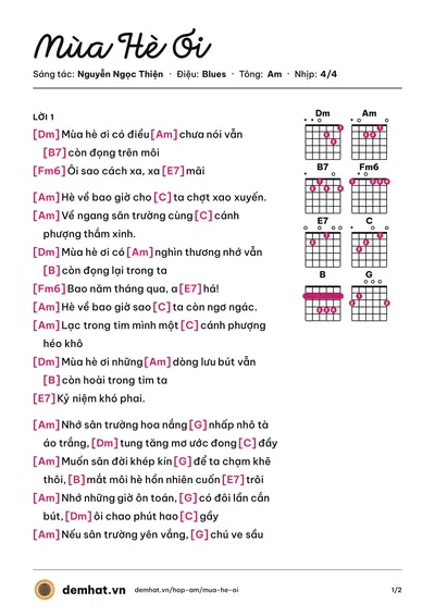 Hợp âm Mùa Hè Ơi (Mắt Ngọc) – bản nhạc PDF trang 1, tông Am