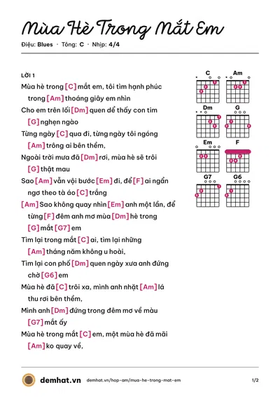Hợp âm Mùa Hè Trong Mắt Em (Quân Keyboard) – bản nhạc PDF trang 1, tông C