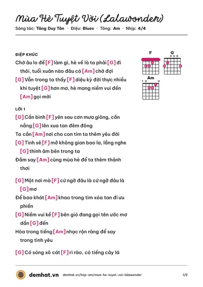 Hợp âm Mùa Hè Tuyệt Vời (Lalawonder) (Đức Phúc) – bản nhạc PDF trang 1, tông Am