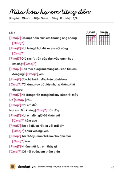 Hợp âm Mùa hoa hạ em từng đến (Minstu) – bản nhạc PDF trang 1, tông C
