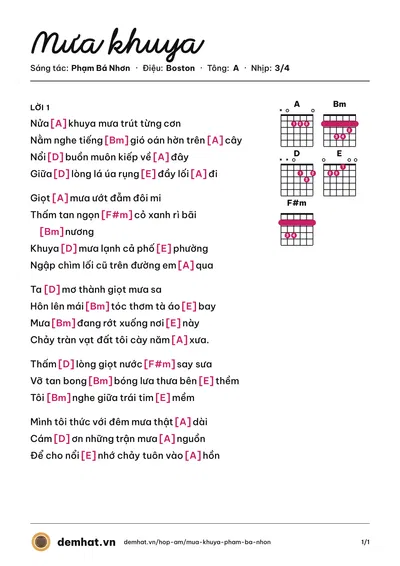 Hợp âm Mưa khuya (Phạm Bá Nhơn) – bản nhạc PDF trang 1, tông A
