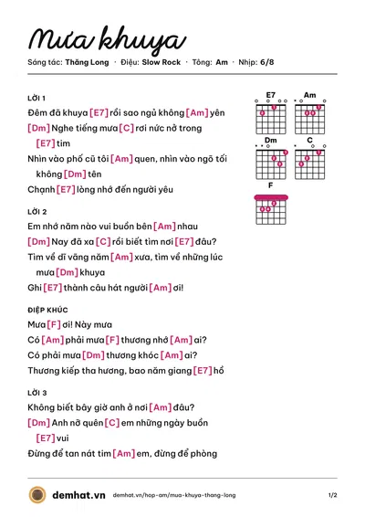 Hợp âm Mưa khuya (Julie) – bản nhạc PDF trang 1, tông Am