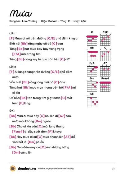 Hợp âm Mưa (Nguyễn Hải Yến) – bản nhạc PDF trang 1, tông F