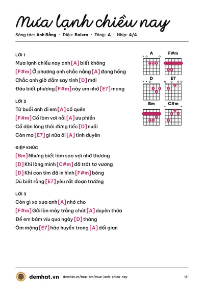 Hợp âm Mưa lạnh chiều nay (Băng Tâm) – bản nhạc PDF trang 1, tông A