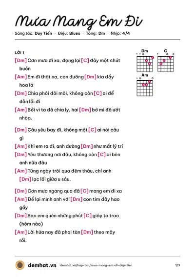 Hợp âm Mưa Mang Em Đi (Duy Tiến) – bản nhạc PDF trang 1, tông Dm