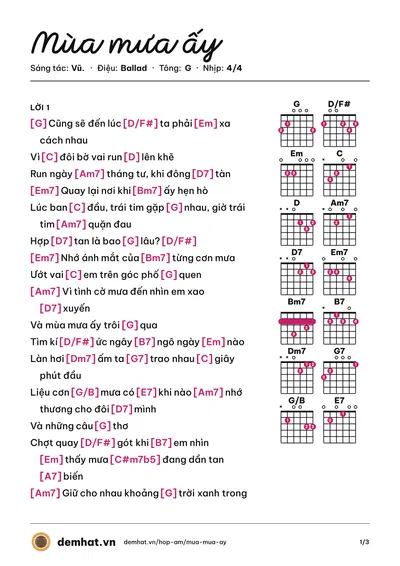 Hợp âm Mùa mưa ấy (Vũ.) – bản nhạc PDF trang 1, tông G