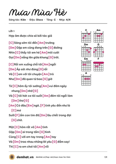 Hợp âm Mưa Mùa Hè (Kiên) – bản nhạc PDF trang 1, tông C