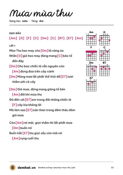 Hợp âm Mưa mùa thu (Thanh Hà) – bản nhạc PDF trang 1, tông Am