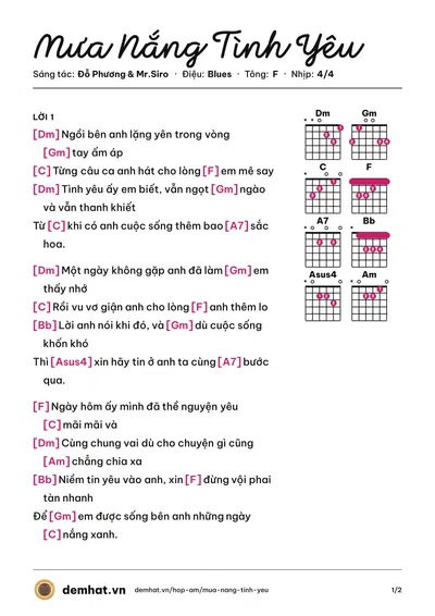 Hợp âm Mưa Nắng Tình Yêu (Lương Minh Trang) – bản nhạc PDF trang 1, tông F