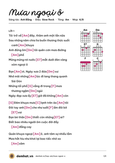 Hợp âm Mưa ngoại ô (Trường Vũ) – bản nhạc PDF trang 1, tông Am