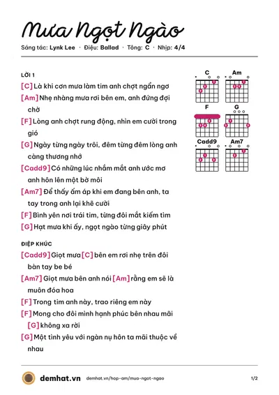 Hợp âm Mưa Ngọt Ngào (Lynk Lee) – bản nhạc PDF trang 1, tông C