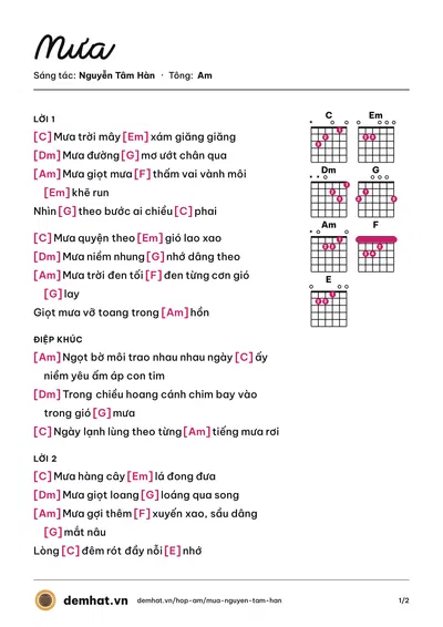 Hợp âm Mưa (Nguyễn Tâm Hàn) – bản nhạc PDF trang 1, tông Am