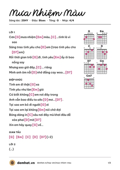 Hợp âm Mưa Nhiệm Màu (2SHY) – bản nhạc PDF trang 1, tông G