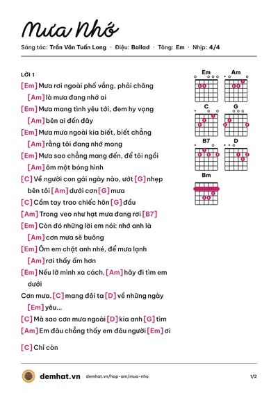 Hợp âm Mưa Nhớ (Trung Quân) – bản nhạc PDF trang 1, tông Em