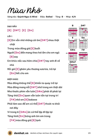 Hợp âm Mùa Nhớ (Quỳnh Ngọc) – bản nhạc PDF trang 1, tông B